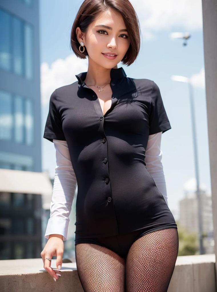 (8k, คุณภาพgoodที่สุด, Masterpiece:1.2),
(realistic, photo-realistic:1.37),
very detailed,
1 woman, full body, outdoor, (Adjust hair:1.5)
office woman, black office blazer, office skirt, (tights:1.2), (Short button-up shirt:1.2), Buttoned prim collar, Button down the prim collar., good, (tights:1.2), Alpha Layer, high-heels,
Beautiful earrings,
cute,
alone,
Beautifully detailed sky,
(smile:1.15),
(gag),
small breasts,
Beautifully detailed eyes,
Business attire,
(short hair:1.2),
Floating Hair NovaFrogStyle,