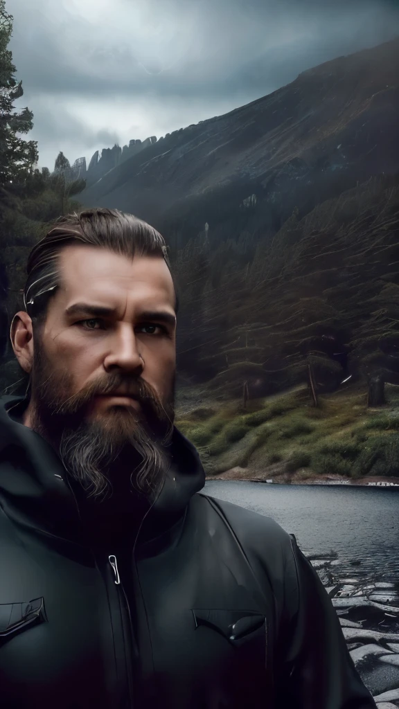 A man with brown hair, 40 years old, ((Viking beard), (((upper body portrait, happy)), nature, lake on the mountain, (((cloudy weather)), ((late afternoon)), ((black clothing), pine trees at the foot of the mountain, cold clothes, realistic lighting, realistic shadows, ultra realistic, photorealistic, 8K, Full HD