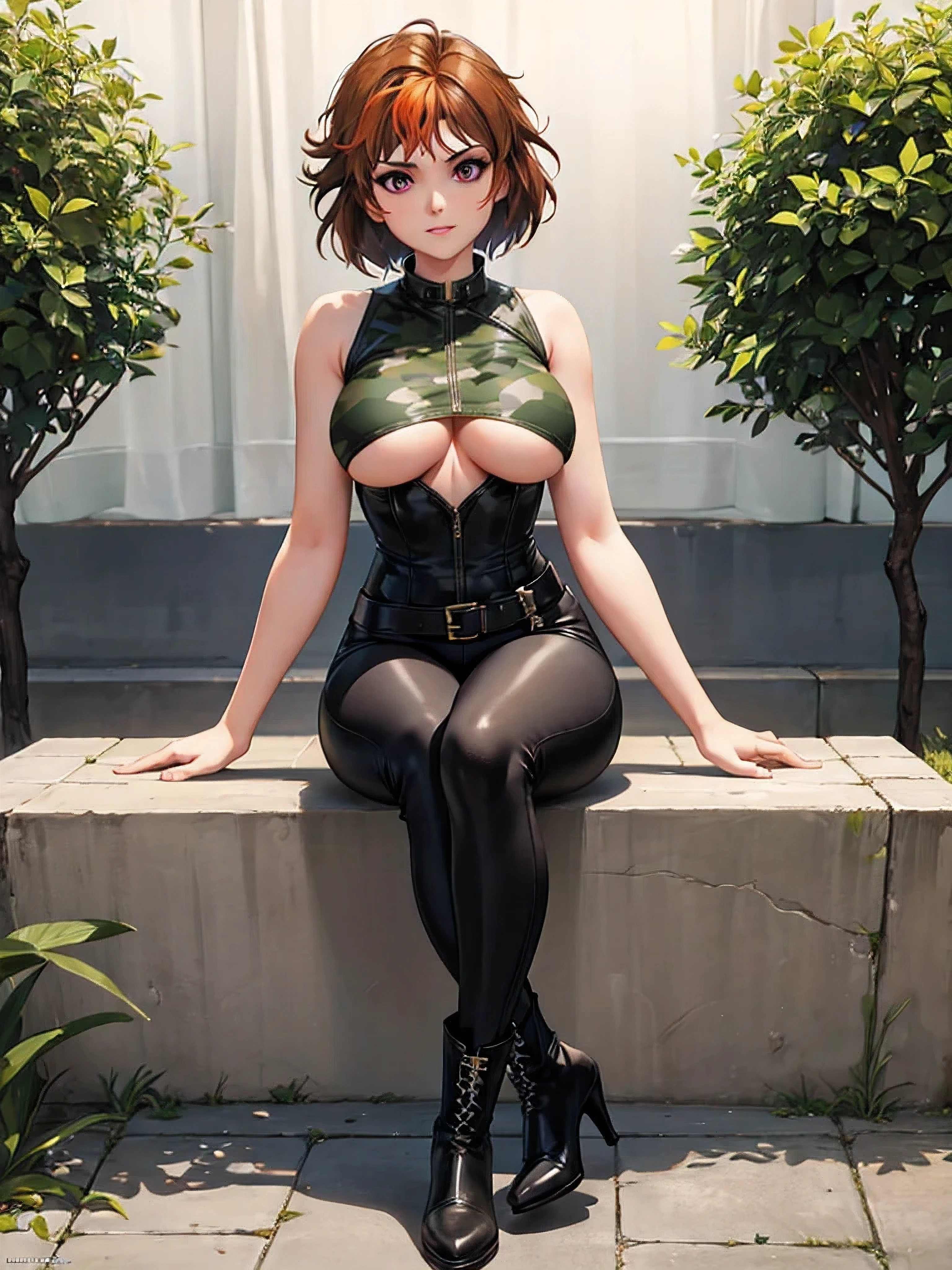 merula, full body, thighs, high boots high heels, solo girl, medium tits, camouflage pants, nude tits, sitting