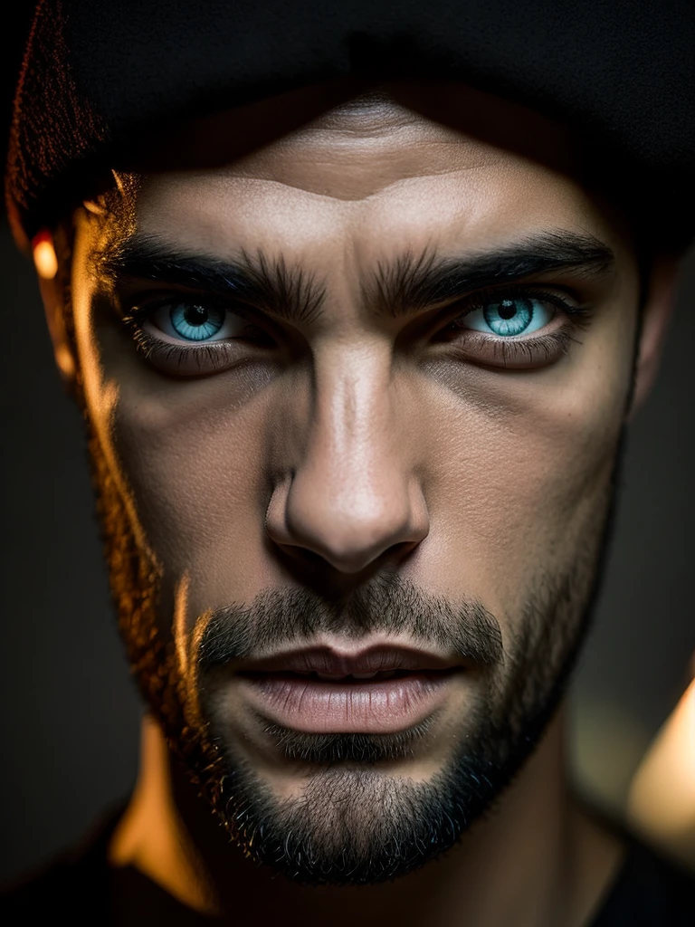 Male face, glowing eyes, evil look