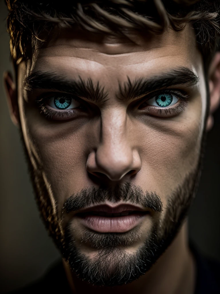 Male face, glowing eyes, evil look