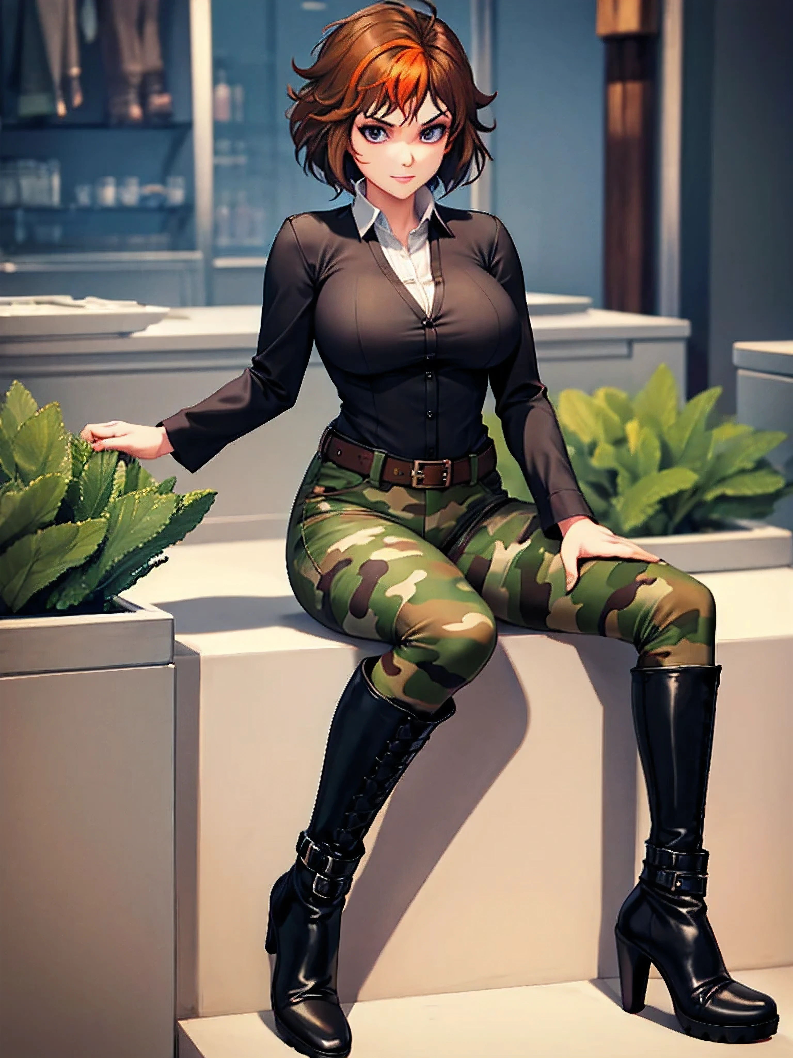 merula, full body, thighs, high boots high heels, solo girl, medium tits, camouflage pants, sitting