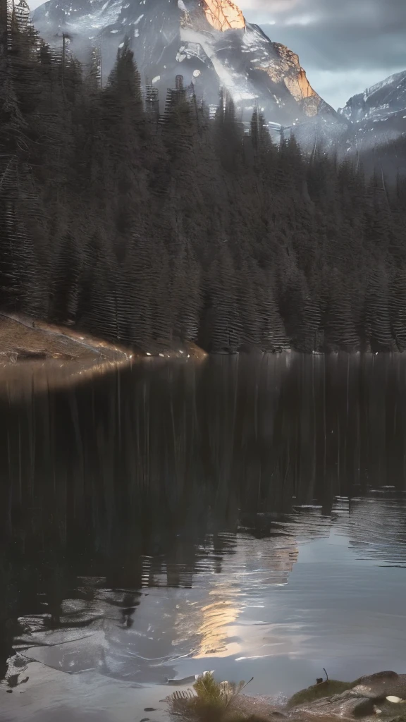 A man with brown hair, 40 years old, ((Viking beard), (((upper body portrait, happy)), nature, lake on the mountain, (((cloudy weather)), ((late afternoon)), ((black clothing), pine trees at the foot of the mountain, cold clothes, realistic lighting, realistic shadows, ultra realistic, photorealistic, 8K, Full HD