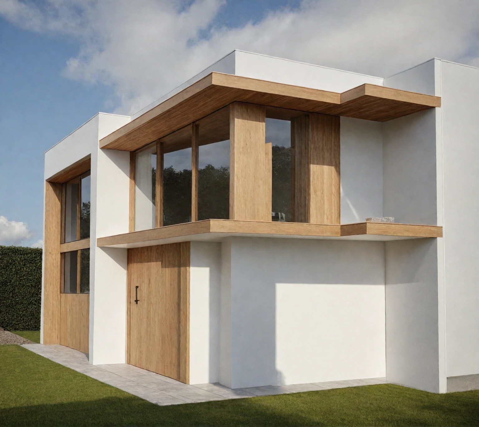 exterior of the house, style contemporain, mur blanc, Mur de bois, porte en bois, window, (realistic:1.2), chef-d'artwork, High quality, best quality, authentique, great detail, en plein air,route,pavement, herbe, des arbres, ciel, nuage, (day light:1.1)