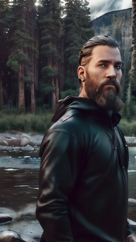A man with brown hair, 40 years old, ((Viking beard), (((upper body portrait, happy)), nature, lake on the mountain, (((cloudy weather)), ((late afternoon)), ((black clothing), pine trees at the foot of the mountain, cold clothes, realistic lighting, realistic shadows, ultra realistic, photorealistic, 8K, Full HD