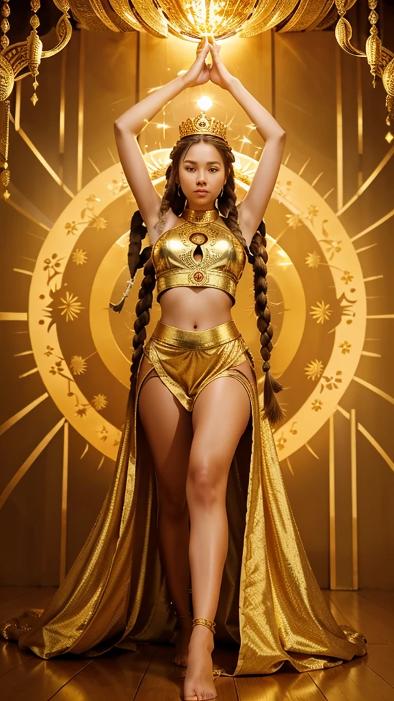 Sun goddess, woman, golden clothes very short top and floor length skirt with neckline and round patterns , crown on the head in the form of a huge disk of the sun, long hair made of gold to the floor, braided into two very long braids with round pins, full length, arms spread out to the sides