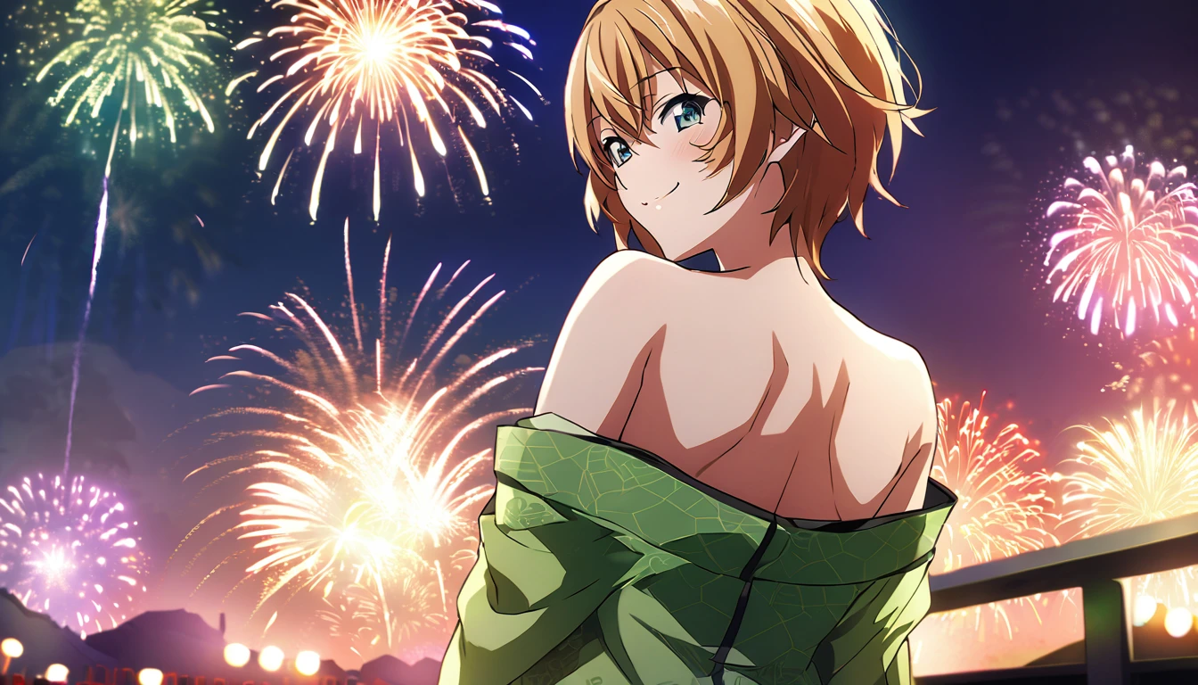 score_9, score_8_up, score_7_up, source_anime, from behind, solo, 1girl, odelschwanck, smile, looking back, skull, green kimono, off shoulder, bare shoulders, backboob, Fireworks