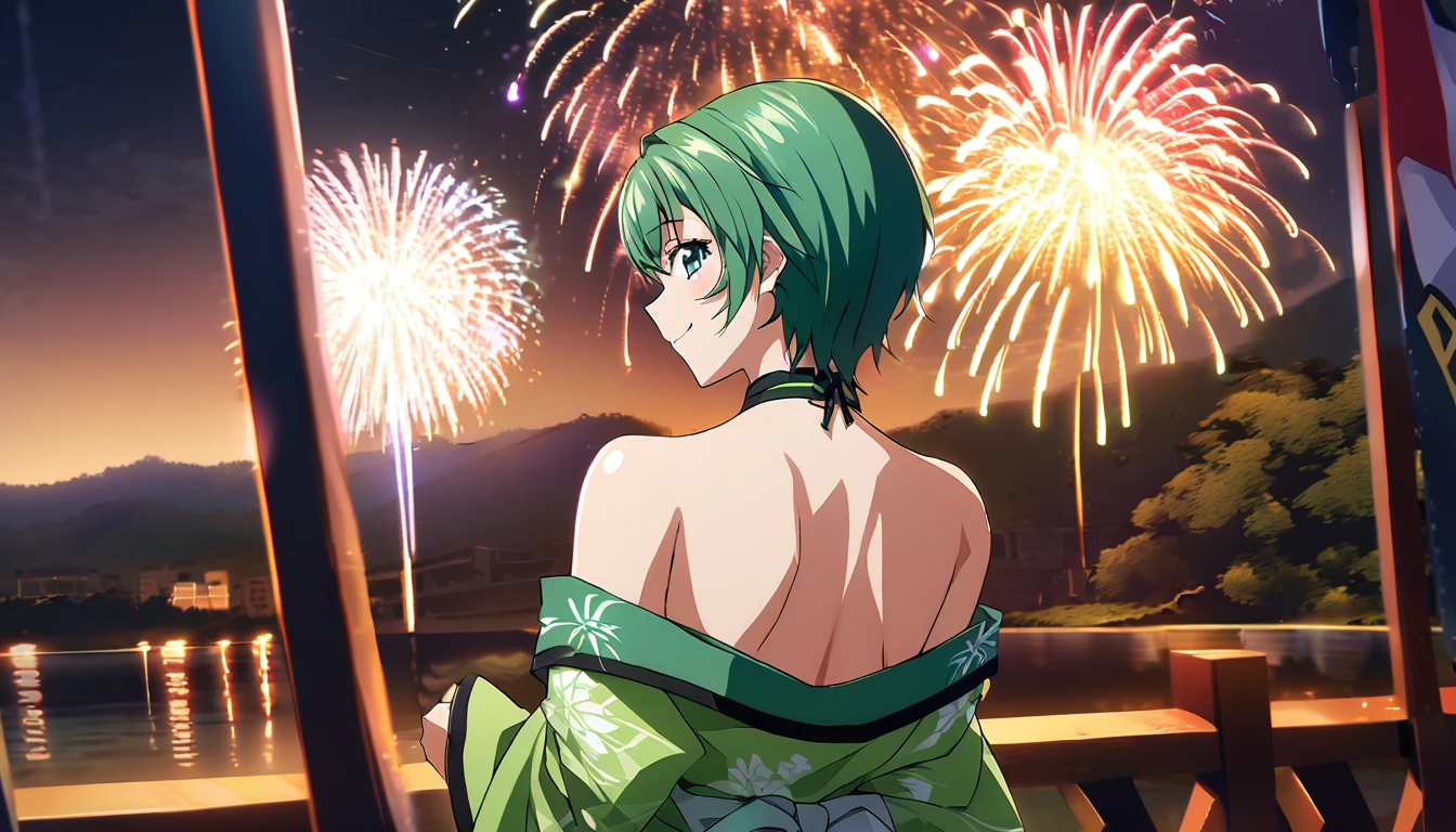 score_9, score_8_up, score_7_up, source_anime, from behind, solo, 1girl, odelschwanck, smile, looking back, skull, green kimono, off shoulder, bare shoulders, backboob, Fireworks