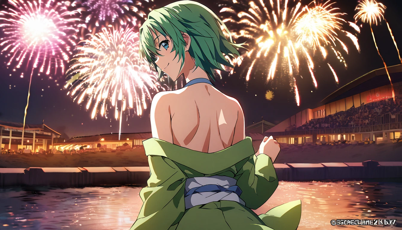 score_9, score_8_up, score_7_up, source_anime, from behind, solo, 1girl, odelschwanck, smile, looking back, skull, green kimono, off shoulder, bare shoulders, backboob, Fireworks