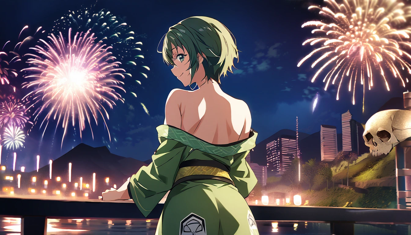 score_9, score_8_up, score_7_up, source_anime, from behind, solo, 1girl, odelschwanck, smile, looking back, skull, green kimono, off shoulder, bare shoulders, backboob, Fireworks