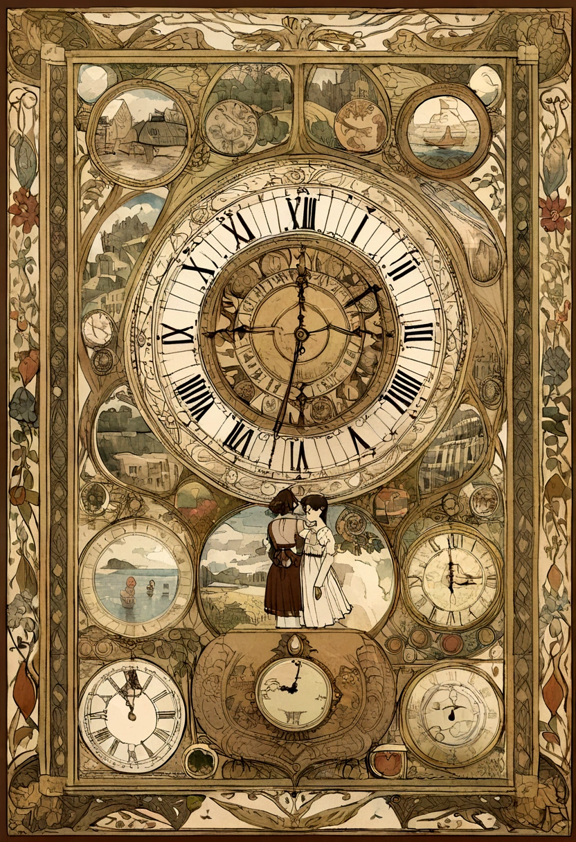 Design a series of vintage-style images that contain hidden dates, times, or messages that tell a story of a time traveler when pieced together.