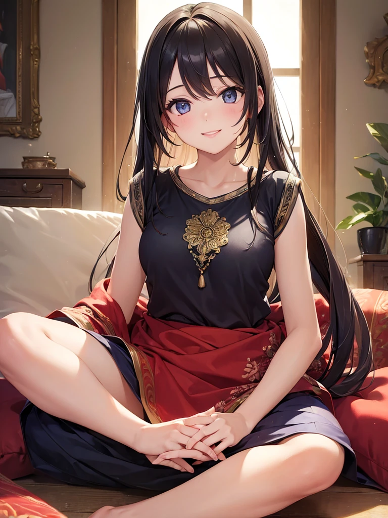 (masterpiece:1.5),(Beat quality),(high res),1girl solo,beautiful face,smile(shining eyes),light effects,Woman in plain clothes,indian style sitting,room