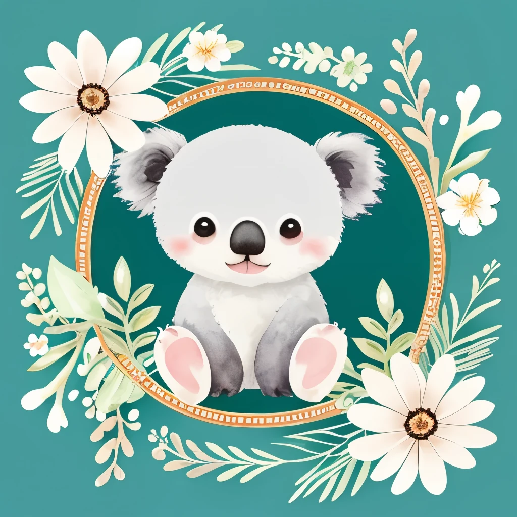 cute chibi bright adorable baby koala bear watercolor artistic style surrounded by white and teal flower arrangement on a white background
