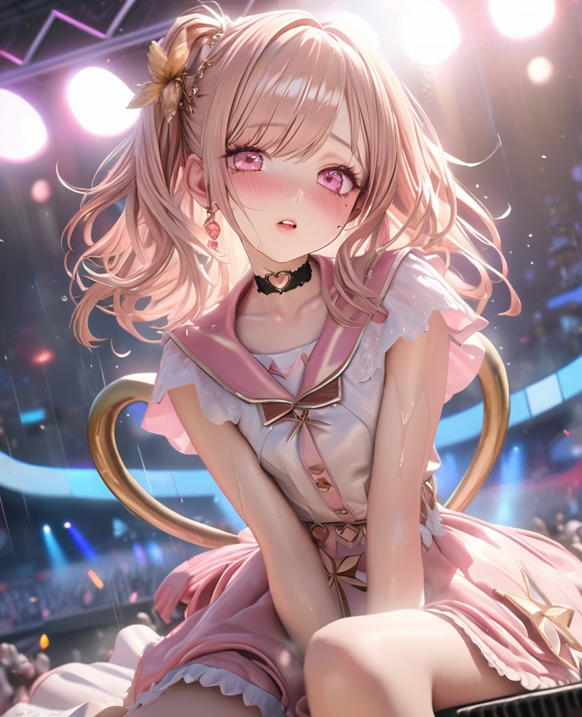 masterpiece, best quality, ultra detailed, high resolution, expensive resolution, HDR, 4k, 8K, uniform 8k wallpaper, ultra detailed CG, masterpiece, realistic, 2D, 3D, beautiful details, depth, fine texture, ultra fine: 1.3, perfectly focused, crispy .skin, .he, very cute anime girl, idol, A girl in her twenties,drenched in heavy rain outdoor stage, chest part is visible through, brown short twin-tail hair wearing expensive clothes, one girl, one person, brown short twin-tail hair, idol, mole under eye, looking at the viewer, expensive, blush, mole, open lips, hair accessory, heart-shaped choker, pink eyes, choker