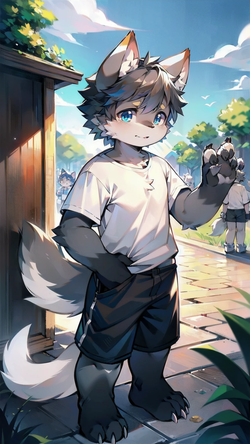 White Wolf，male，boy，Smile，happy，Sky blue eyes，Black-gray hair，hairy，Wolf ears，柔软的hairy尾巴，White shirt，Short-sleeved shirt，arm，Animal Claws，Meat pad，Put one hand in your pocket，Wave with one hand，Black shorts，thigh，Standing，Neighborhood，Bustling