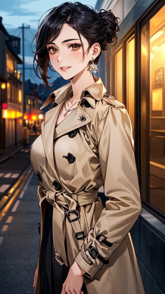 (masterpiece:1.3, Highest quality, Ultra-high resolution, Super detailed), (Realistic, photoRealistic:1.4), Beautiful illustrations, Perfect lighting, colorful, Depth of written boundary,
Beautiful detailed hair, Beautifully detailed face, Beautiful fine details, Beautiful clavicle, Beautiful body, 美しいLarge Breasts, Beautiful thighs, Beautiful feet, Beautiful fingers,
(Open Court、Beige trench coat:1.4), ((blouse、Black long skirt 1.4))、
View Viewer、Front view:0.8, Beauty1人, Japanese, Beauty、30 years old, Perfect Face, (Perfect Anatomy, Anatomically correct), Cute and symmetrical face, Baby Face, , Shiny skin,
(Black Hair, Updo Hair:1.4), Dark brown eyes, Large Breasts, Slim body,
necklace, (Small earrings:1.3),
(Beautiful views), (night), (city, cityscape in the distance), Are standing, A soft smile、(Smile, Lips parted),