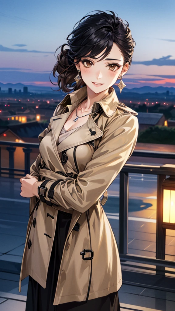 (masterpiece:1.3, Highest quality, Ultra-high resolution, Super detailed), (Realistic, photoRealistic:1.4), Beautiful illustrations, Perfect lighting, colorful, Depth of written boundary, 
Beautiful detailed hair, Beautifully detailed face, Beautiful fine details, Beautiful clavicle, Beautiful body, 美しいLarge Breasts, Beautiful thighs, Beautiful feet, Beautiful fingers, 
(Open Court、Beige trench coat:1.4), ((blouse、Black long skirt 1.4))、
View Viewer、Front view:0.8, Beauty1人, Japanese, Beauty、30 years old, Perfect Face, (Perfect Anatomy, Anatomically correct), Cute and symmetrical face, Baby Face, , Shiny skin, 
(Black Hair, Updo Hair:1.4),  Dark brown eyes, Large Breasts, Slim body, 
necklace, (Small earrings:1.3), 
(Beautiful views), (night), (city, cityscape in the distance), Are standing, A soft smile、(Smile, Lips parted), 