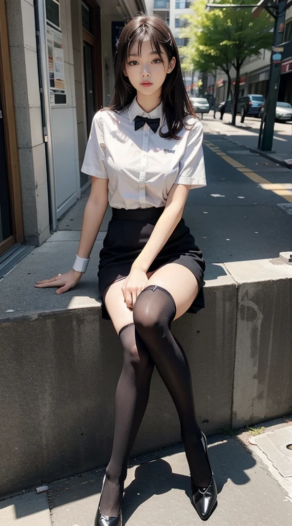 best quality, full body image, delicate face, beautiful face, 25 year old woman, Slender figure, small breasts, OL uniform, office clothes, black stockings, outdoor scene, Sitting position