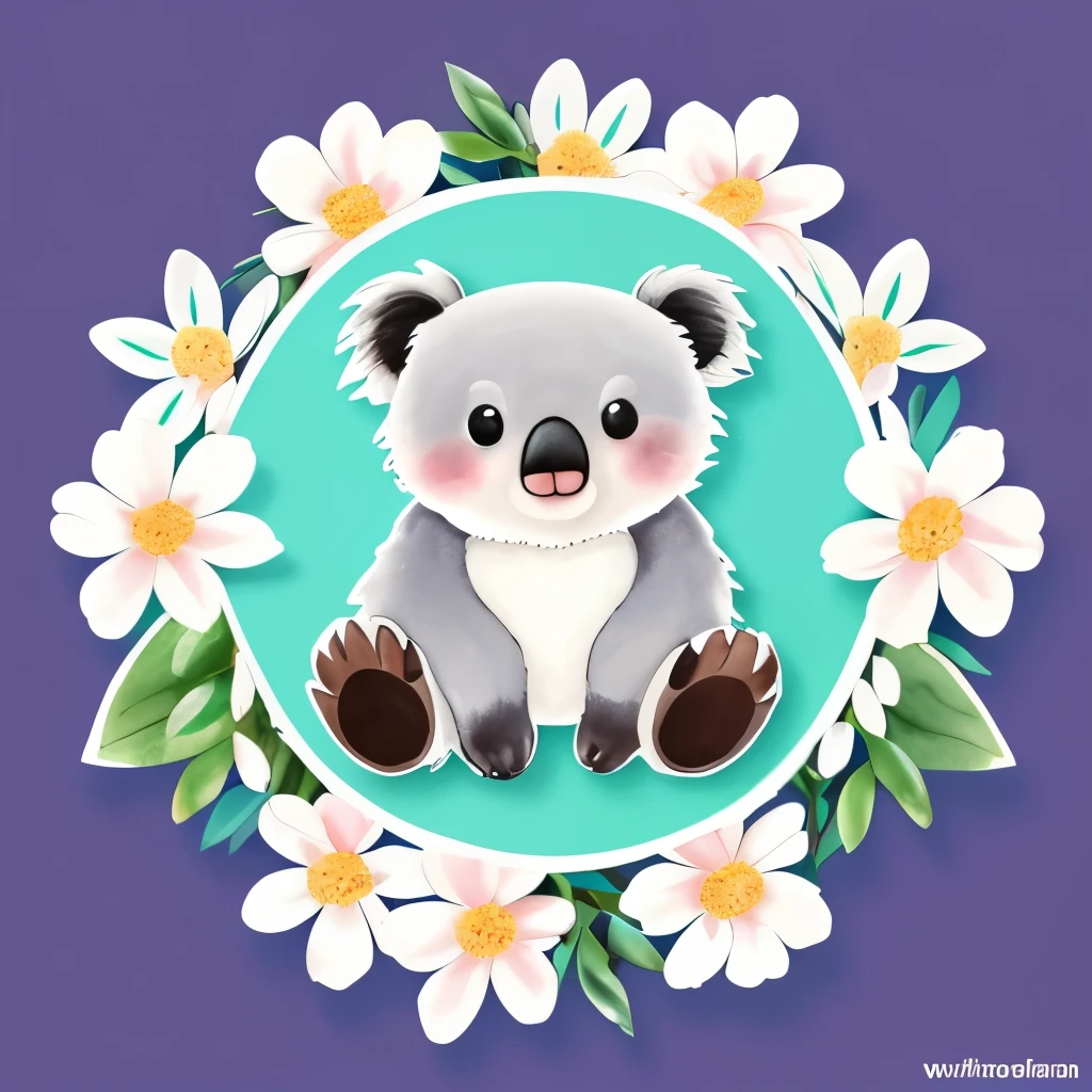 cute chibi bright adorable baby koala bear watercolor artistic style surrounded by white and teal flower arrangement on a white background