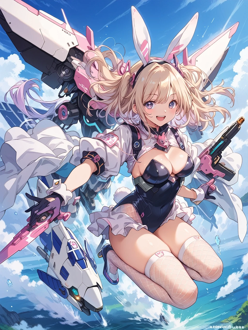 score_9, score_8_up, score_7_up, source_anime, masterpiece, best quality, high resolution, extremely detailed CG, absurdres, 1girl, a girl in mecha bunny_suit jumps high in the air, mecha bunny_ears, fake animal ears, mecha armor,happy, kawaii, sky, jump, fishnet_thighhighs, large_breasts, holding weapon