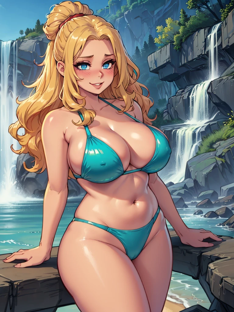 art by Kipteitei, 1girl, (blond hair), long wavy hair, hair up, blue eyes, shiny green bikini, cleavage, happy expression, blushing, beach background with cliff and waterfall, detailed background, (cowboy shot), (best quality, masterpiece, amazing lighting)