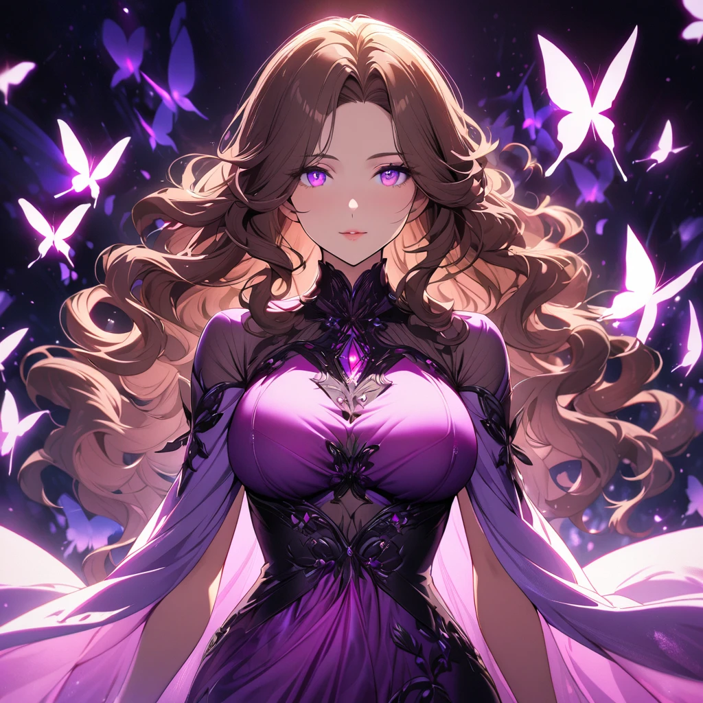 girl, brown hair, wavy hair, long hair, glowing purple eyes, magical silk fabric, mature woman, gorgeous, beautiful background, super detail, beautiful color, glowing butterfly, angel, main face, front face