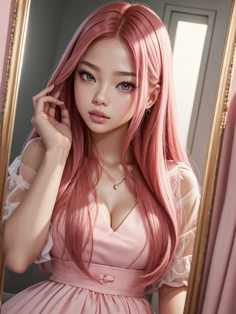 glowing skin, lips, sacimaer detailed skin, Beautiful face and detailed pink eyes, Spotlight, professional lighting, 1 girl, Alone, long hair, wearing a cute pink outfit, natural pose, lips, indoor, realistic, I want the whole image be created, face and body of blackpink's Jennie kim with red hair and in four places with different poses taking a photo with a cell phone in front of the mirror