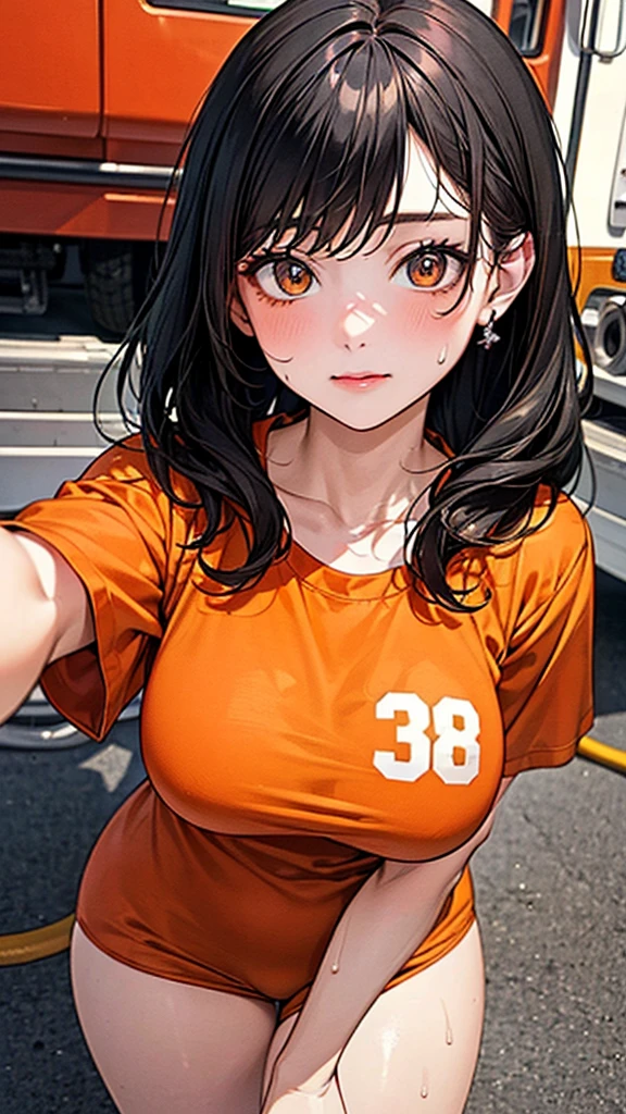 ((Highest quality)), ((High resolution)), ((masterpiece)), ((detailed)), One cute girl, 18-year-old, Beautiful Face, Beautiful details, Beautiful Hair, Black Hair, Beautiful clavicle, Beautiful body, (Big Breasts:0.8), Beautiful legs, (Orange work clothes, White T-shirt, Firefighter uniform), Sweat, evening, Beautiful views,