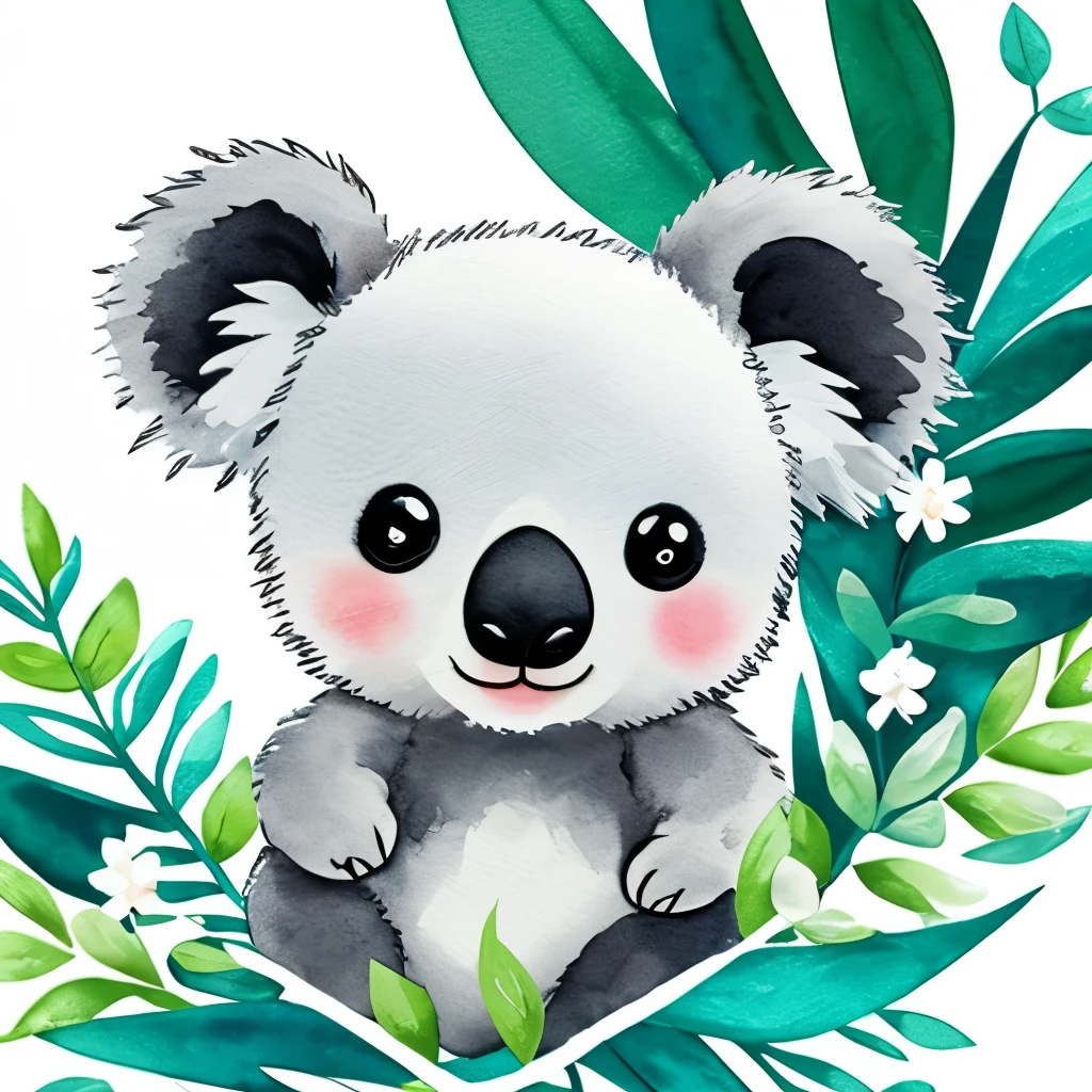 cute chibi bright adorable  koala bear watercolor artistic style surrounded by white and teal flower arrangement on a white background