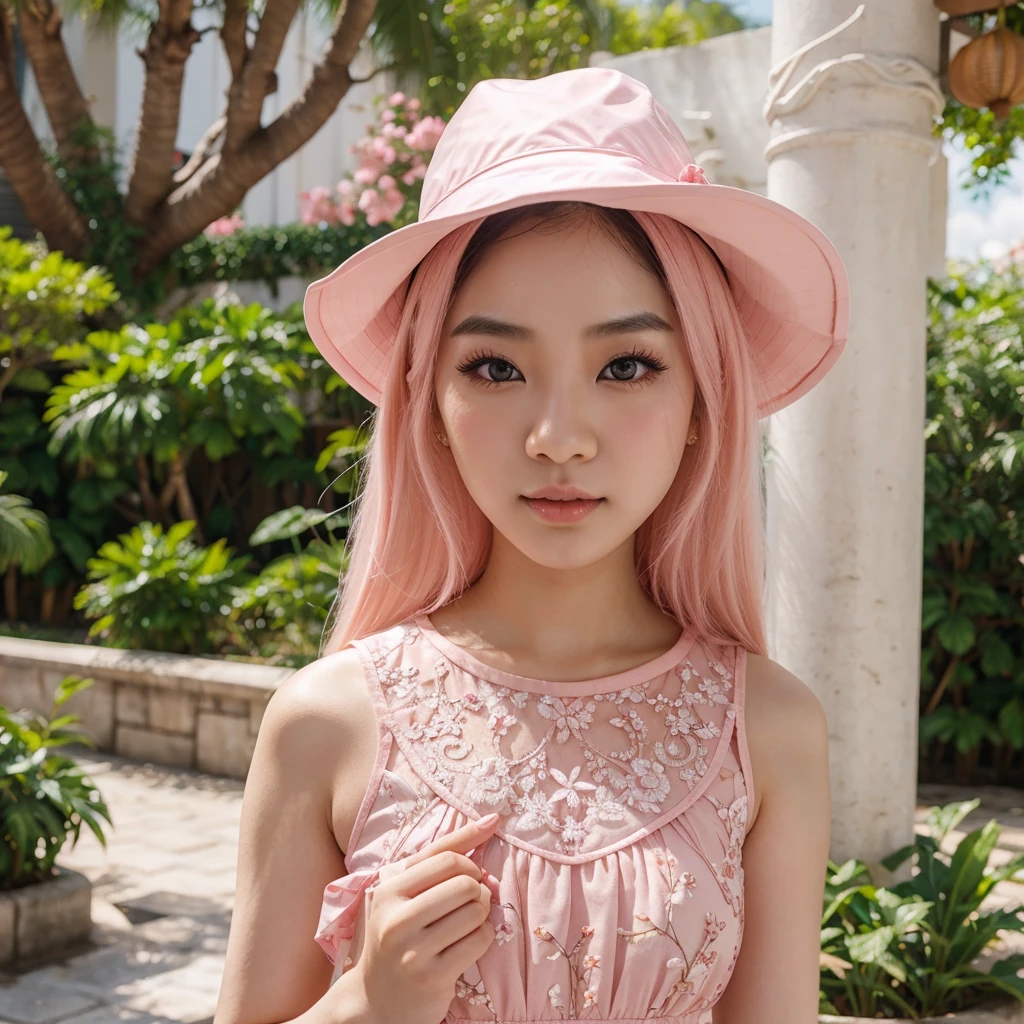 Asian girl with pale skin, ojos grandes y de estilo tierno, vestida con un lindo vestido suelto de colores rosado y una boina del mismo tono, labios bonitos y piel lisa