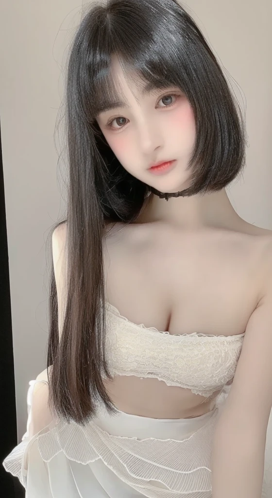 Beautiful woman with perfect body:1.4,Layered Hairstyle,Prominent cleavage:1.2,Bandeau:1.5,Highly detailed face and skin textures,Narrow eyes,Double eyelids,Skin Whitening,Short hair details,Full body female love