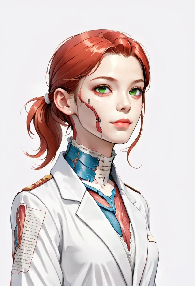 (Digital Illustration,Detailed anime style girl portrait,Solitary,symmetry),(Big colorful eyes,Fashionable and exquisite facial features,Exquisite makeup,Sweet smile,Star symbol mark on cheek,Soulful gaze,),(Long red hair,High twin ponytails,Beautiful hairstyle,Hairpin),(White high collar lace shirt,Green suit,Epaulettes-Chain,cool,),Clean and simple white background,(((Correct human anatomy)))