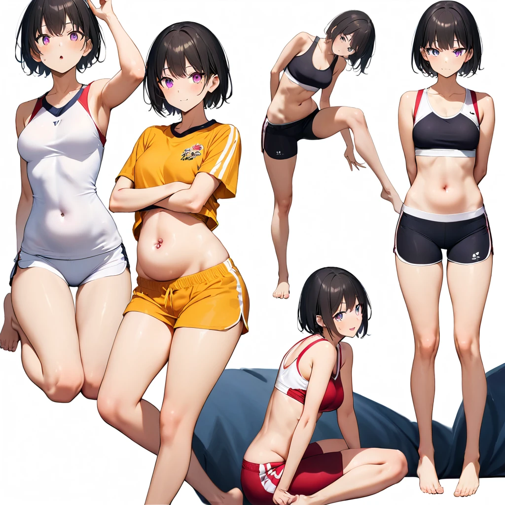 16k works,Highest quality,18-year-old,No background.White background only,whole body、Kneel,Dynamic and sexy pose, One person, Beautiful Face,, Symmetrical eyes, Perfect body, Good balance、 Perfect body、((Wearing sports shorts:1.5、I can see my belly button:1.5,barefoot))、Black Hair,Short Bob Hair,Laughter,(Small head:1.2,skinny:1.4,Slender body,Medium chest