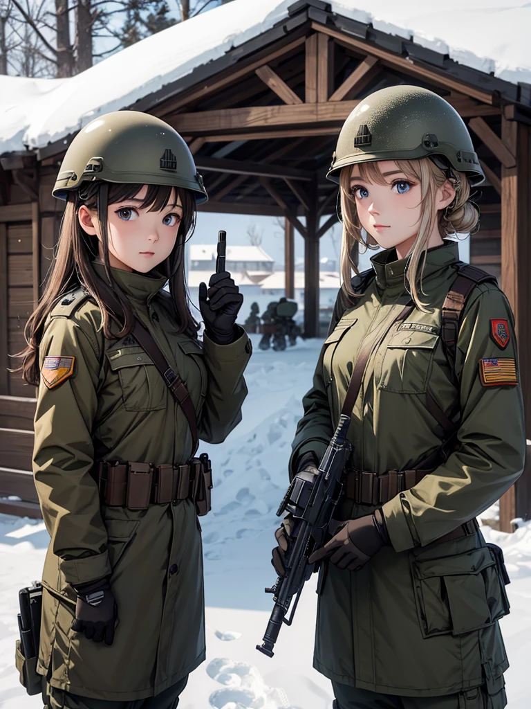 Two female soldiers wearing helmets、All in dark brown winter military uniform、front、Standing side by side、Guard with gun、Snowy military camp、Write details、masterpiece、best quality、Highly detailed CG、8K picture quality