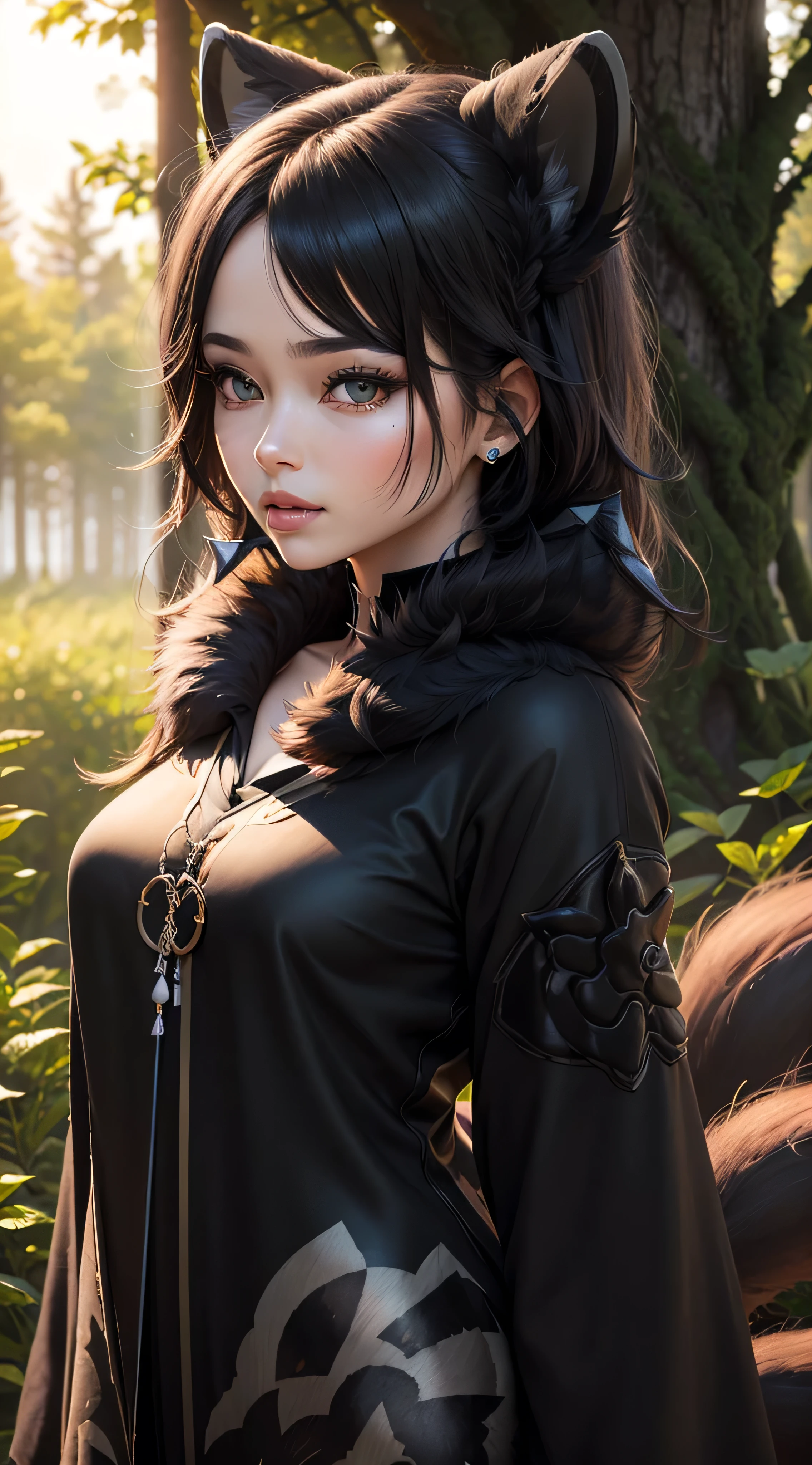 [a realistic fox-girl] with black hair and nine tails, (nine tails with black fur:2.0) , nine tails, beautiful face, high cheekbones, green eyes, (very detailed sinto clothes:2.0) , inspired by Sugimura Jihei, delicate and fine, (tentacles:fox tails:0.5), white form, inspired by Sōami, jormungand, mystical creatures, realistic, ultra detailed, sunrise lighting, detailed forest background
