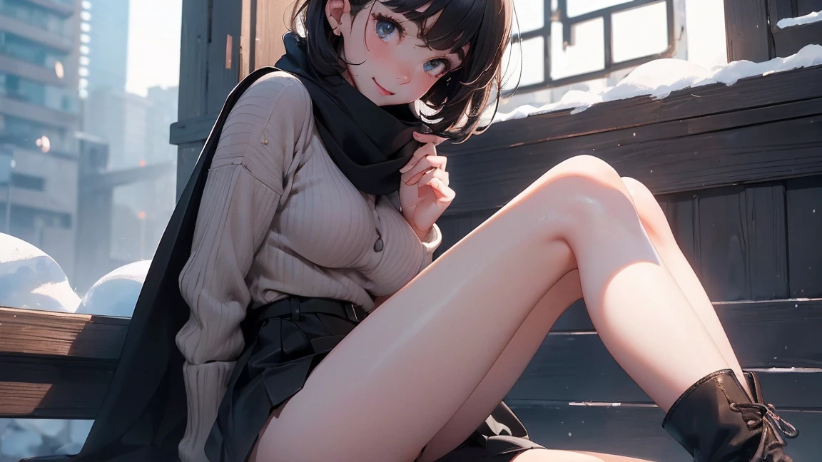 (a closeup:1.4)、(RAW Photography:1.2)、(Photorealsitic:1.4)、(masterpiece:1.3)、(top-quality:1.4)、dream-like、(A detailed eye)、(detailed facial features)、(detailed clothes features)、skin tightening、(shinny skin)、(Slender and beautiful girl)、(Beautiful leg lines)、one girls、(FULL BODYSHOT)、solo、cute little、Happy smiling face、(huge-breasted, hard nipples)、bangss、Short Bob、A dark-haired、Black eye、Long Scarf、long court、White wool sweater、a miniskirt、Black thick pantyhose、Snow boots、beautiful thigh、big breasts thin waist、Sexy legs