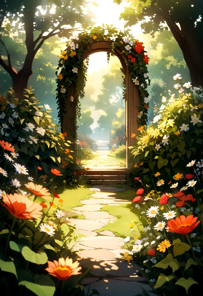Generate a garden scene where the placement of flowers, leaves, and other natural elements form a hidden message or image that becomes clear with the right perspective or filter.