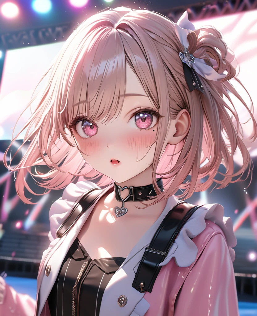 masterpiece, best quality, ultra detailed, high resolution, expensive resolution, HDR, 4k, 8K, uniform 8k wallpaper, ultra detailed CG, masterpiece, realistic, 2D, 3D, beautiful details, depth, fine texture, ultra fine: 1.3, perfectly focused, crispy .skin, .he, very cute anime girl, idol, A girl in her twenties,drenched in heavy rain outdoor stage, chest part is visible through, brown short twin-tail hair wearing expensive clothes, one girl, one person, brown short twin-tail hair, idol, mole under eye, looking at the viewer, expensive, blush, mole, open lips, hair accessory, heart-shaped choker, pink eyes, choker