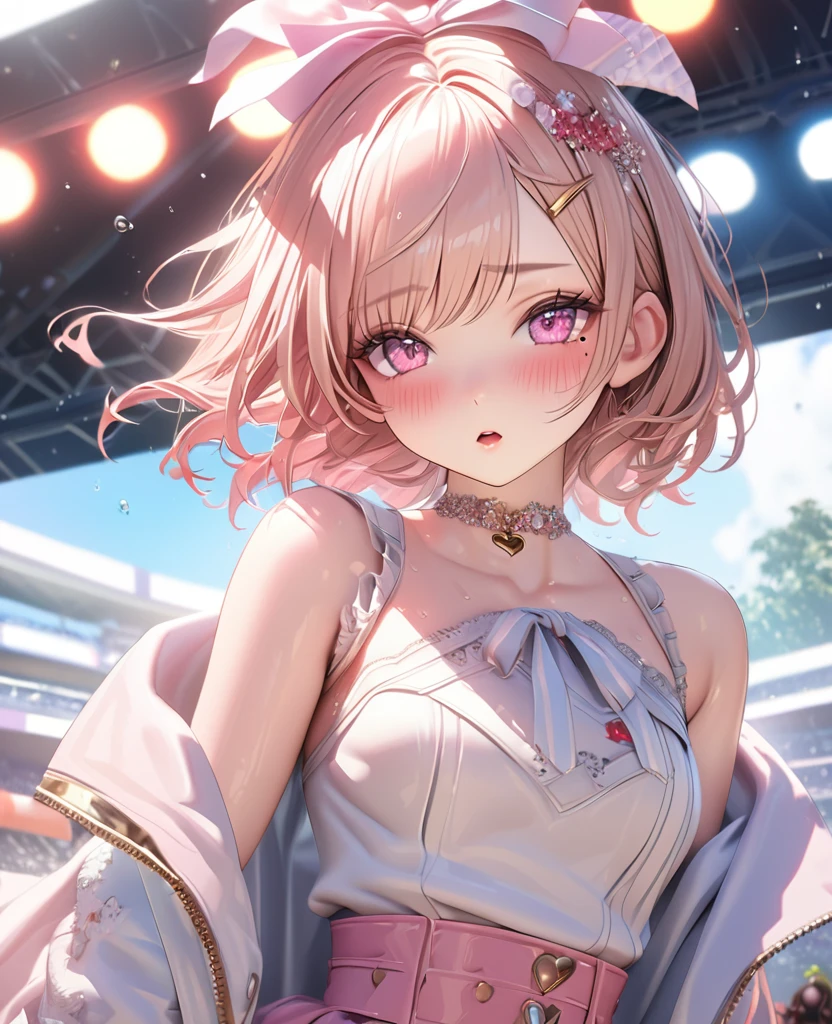 masterpiece, best quality, ultra detailed, high resolution, expensive resolution, HDR, 4k, 8K, uniform 8k wallpaper, ultra detailed CG, masterpiece, realistic, 2D, 3D, beautiful details, depth, fine texture, ultra fine: 1.3, perfectly focused, crispy .skin, .he, very cute anime girl, idol, A girl in her twenties,drenched in heavy rain outdoor stage, chest part is visible through, brown short twin-tail hair wearing expensive clothes, one girl, one person, brown short twin-tail hair, idol, mole under eye, looking at the viewer, expensive, blush, mole, open lips, hair accessory, heart-shaped choker, pink eyes, choker