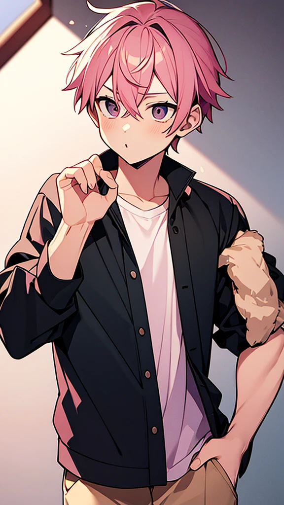 1 grown up man-boy, pink hair ornament,headset, black eyes , Looking ahead,no pantsand shirt ,Wear a pink collar with a bell,Have muscles ,open thigh, Raise your leg,Have a cold expression and open mouth .
