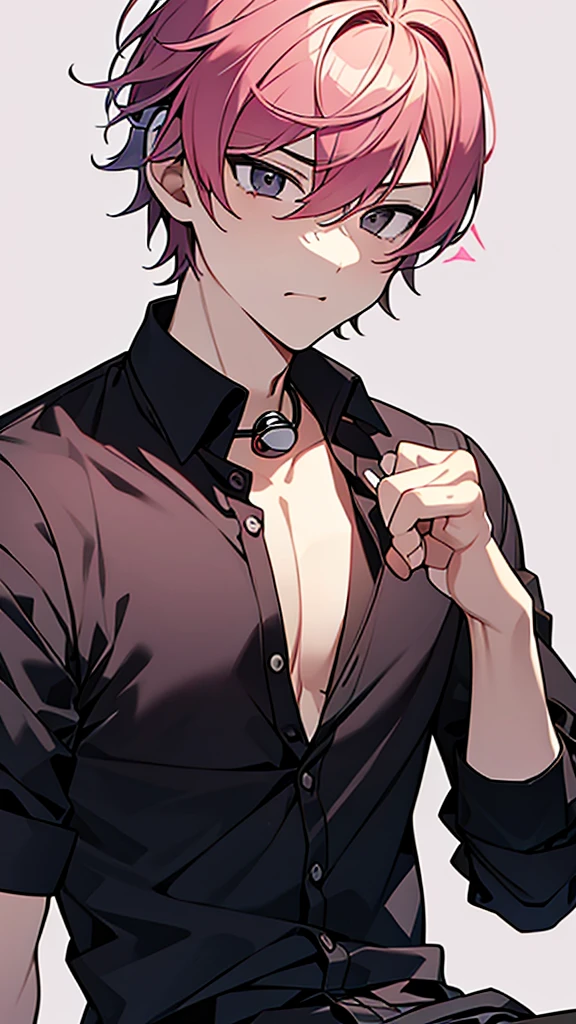 1 grown up man-boy, pink hair ornament,headset, black eyes , Looking ahead,no pantsand shirt ,Wear a pink collar with a bell,Have muscles ,open thigh, Raise your leg,Have a cold expression and open mouth .