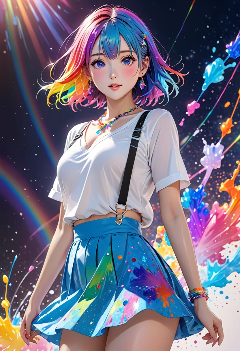 anime, 1 girl, japanese, full body picture, standing, posing for a picture, sexy pose, naughty, hands holding her waist, masterpiece,High resolution,8K,Art,digit,Three-dimensional,Realism,Kyoto Animation Style,your name movie style, ((Paint splashes,splash of color, Ink splash)),looking into camera,Soft Light,Glowing skin,(1 female: 1.3),(alone: 1.4),(((colorful hair))),((Colorful suspender skirt)),(Rainbow crystal hair clip),(Rainbow crystal small necklace),(Rainbow crystal small earrings),(Rainbow crystal bracelet),(Rainbow crystal ring),Long eyelashes,Slender legs,Short Bob,Close-up of upper body,Close-up,close view,colorful background,(Eyes as deep as the starry sky),(Shut up),(blush),(shy),(lovely and delicate)