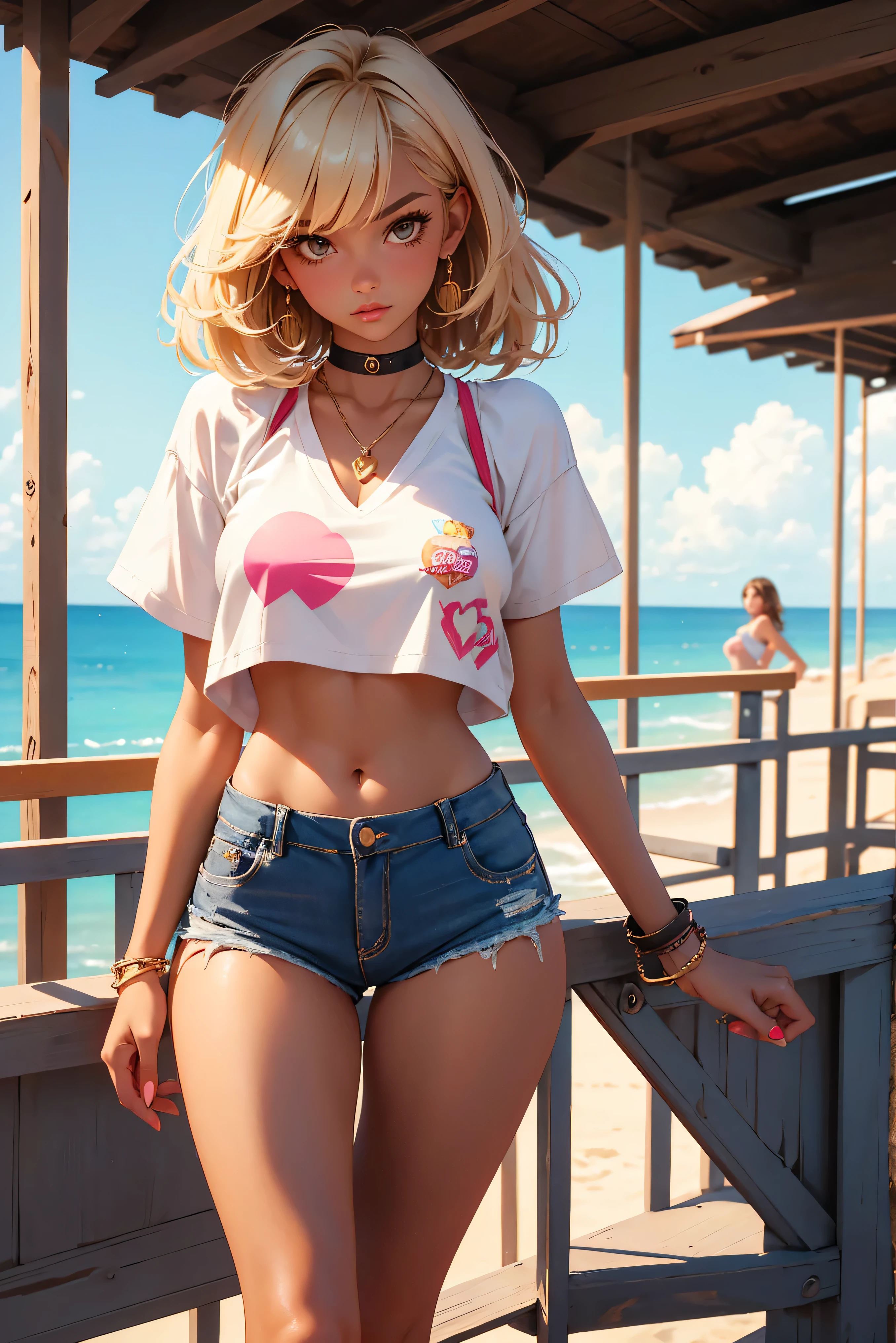 Teenage girl-model 18 years old, beautiful, tanned, blonde, bob hair, bangs, brown eyes, beautiful figure, girl wearing crop shirt and too short mini shorts, beautiful long legs, slave bracelets, slave choker, manicure, cute makeup, flirtatiously posing, hot summer, hot flirty, sexy posing, summer outfit, top quality, higest quality, pin-up style, retro 80s style, Daisy Dukes style, Miami vibes, Californian