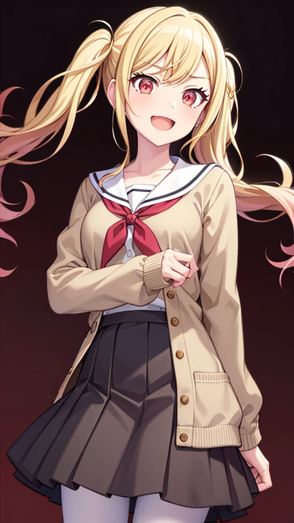 masterpiece, best quality, highres, 1girl, solo, ichigaya arisa, twintails, x hair ornament , pleated dress, pantyhose, tenmasaki, shirt, long sleeves, bow, ribbon, twintails, , 10ma_s, 1girl, solo, long hair, smile, open mouth, skirt, blonde hair, simple background, red eyes, long sleeves, hair between eyes, twintails, , collarbone, pink hair, :d, sidelocks, pleated skirt, serafuku, pink eyes, sailor collar, neckerchief, cardigan, black background, red neckerchief, grey skirt, clenched hands, white sailor collar, yellow cardigan happy, cowbow shot, outdoors, forest