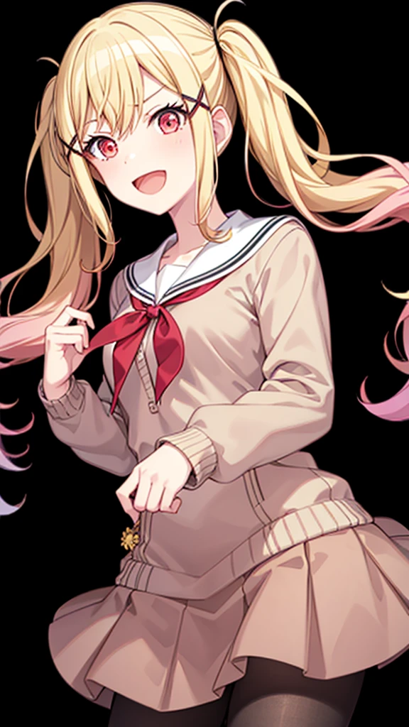 masterpiece, best quality, highres, 1girl, solo, ichigaya arisa, twintails, x hair ornament , pleated dress, pantyhose, tenmasaki, shirt, long sleeves, bow, ribbon, twintails, , 10ma_s, 1girl, solo, long hair, smile, open mouth, skirt, blonde hair, simple background, red eyes, long sleeves, hair between eyes, twintails, , collarbone, pink hair, :d, sidelocks, pleated skirt, serafuku, pink eyes, sailor collar, neckerchief, cardigan, black background, red neckerchief, grey skirt, clenched hands, white sailor collar, yellow cardigan happy, cowbow shot, outdoors, forest