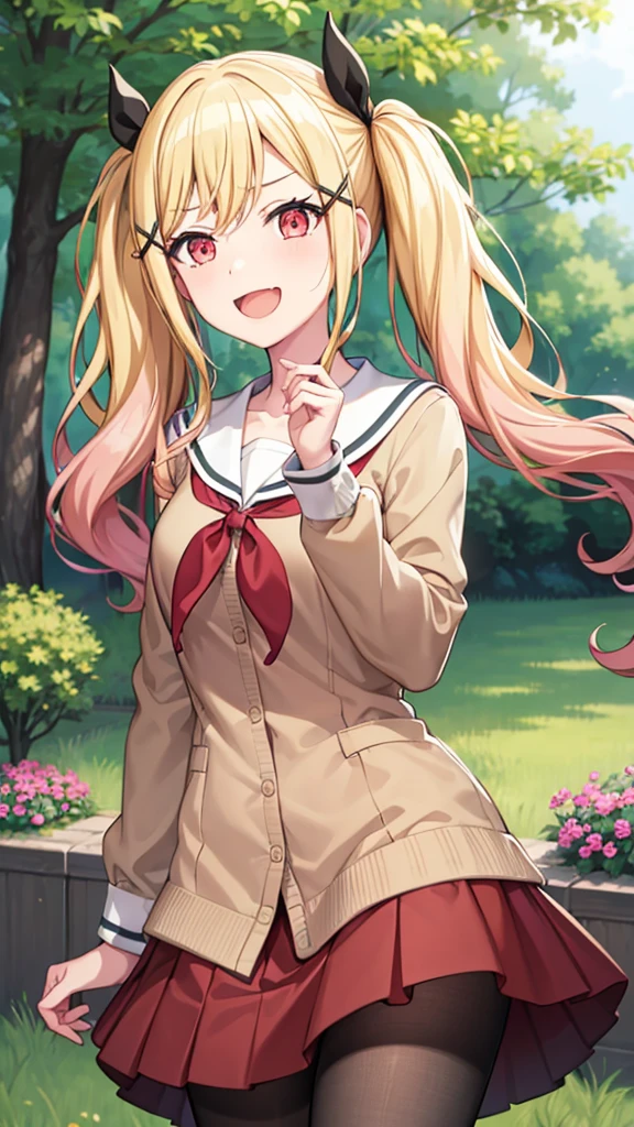 masterpiece, best quality, highres, 1girl, solo, ichigaya arisa, twintails, x hair ornament , pleated dress, pantyhose, tenmasaki, shirt, long sleeves, bow, ribbon, twintails, , 10ma_s, 1girl, solo, long hair, smile, open mouth, skirt, blonde hair, simple background, red eyes, long sleeves, hair between eyes, twintails, , collarbone, pink hair, :d, sidelocks, pleated skirt, serafuku, pink eyes, sailor collar, neckerchief, cardigan, black background, red neckerchief, grey skirt, clenched hands, white sailor collar, yellow cardigan happy, cowbow shot, outdoors, forest