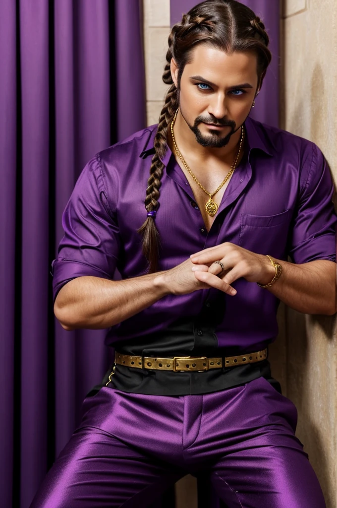 The man is dressed in purple clothes. He is a magician. He has brown hair braided in a ponytail and has a goatee. His eyes are painted with purple eye shadow. He has gold jewelry on his fingers and is wearing black pants.