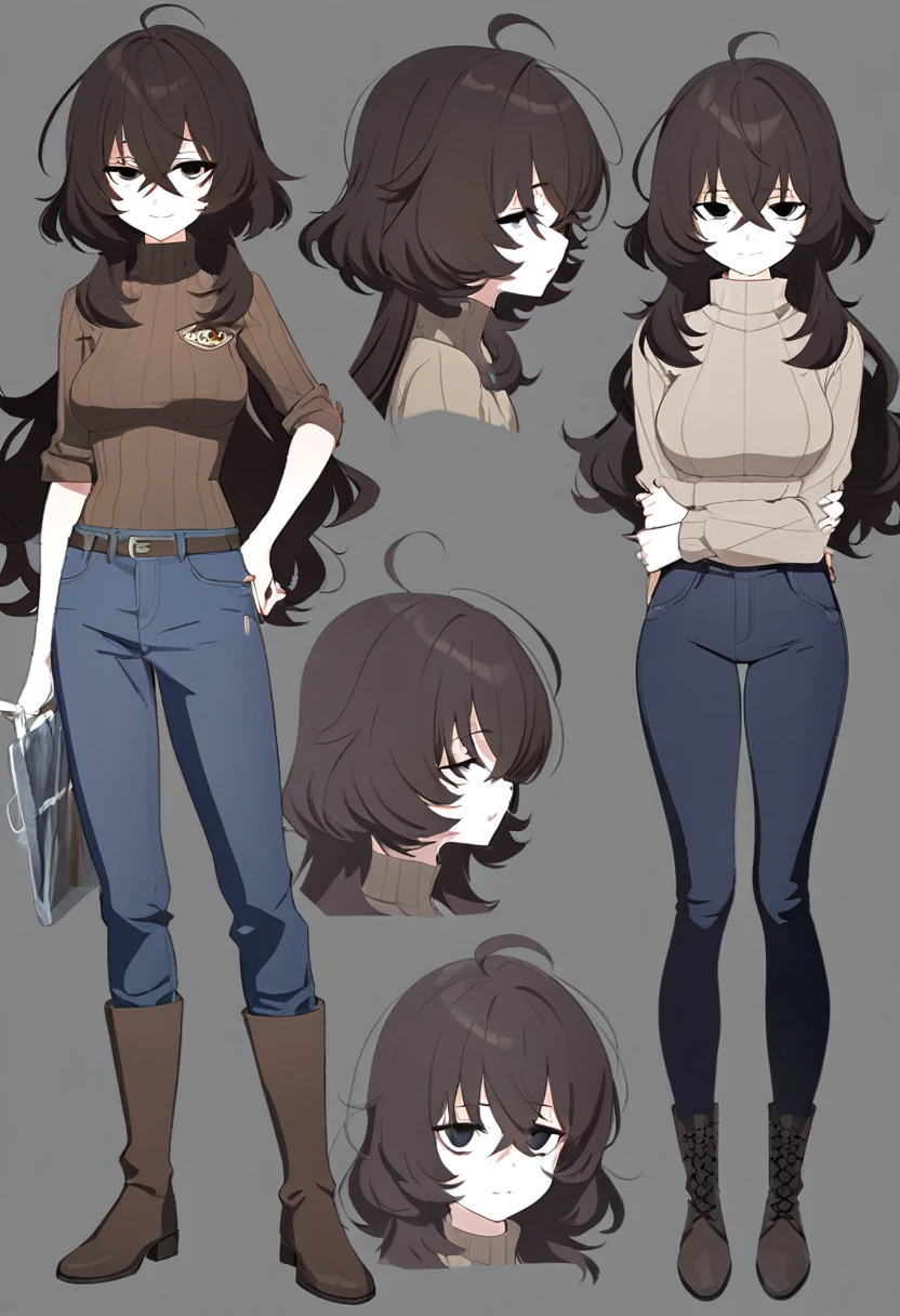 One Woman,Downer,older sister,Concept Art,Dark brown hair,Straight hair with slight inward curls,Staring eyes,Eye Ridge,black eye,Crossed bangs,whole body,smile,Slightly larger breasts,Gray background,Bangs that reach down to the eyes,Messy hair,Tight dark jeans,Brown turtleneck sweater,Multiple views of the same character,Character Design,Dark circles under the eyes,Bad look,Listless,Sloppy,accessories,Cafe staff,Holding a cigarette,whole bodyCharacter Design,Detailed hands,Height: 170cm,boots,