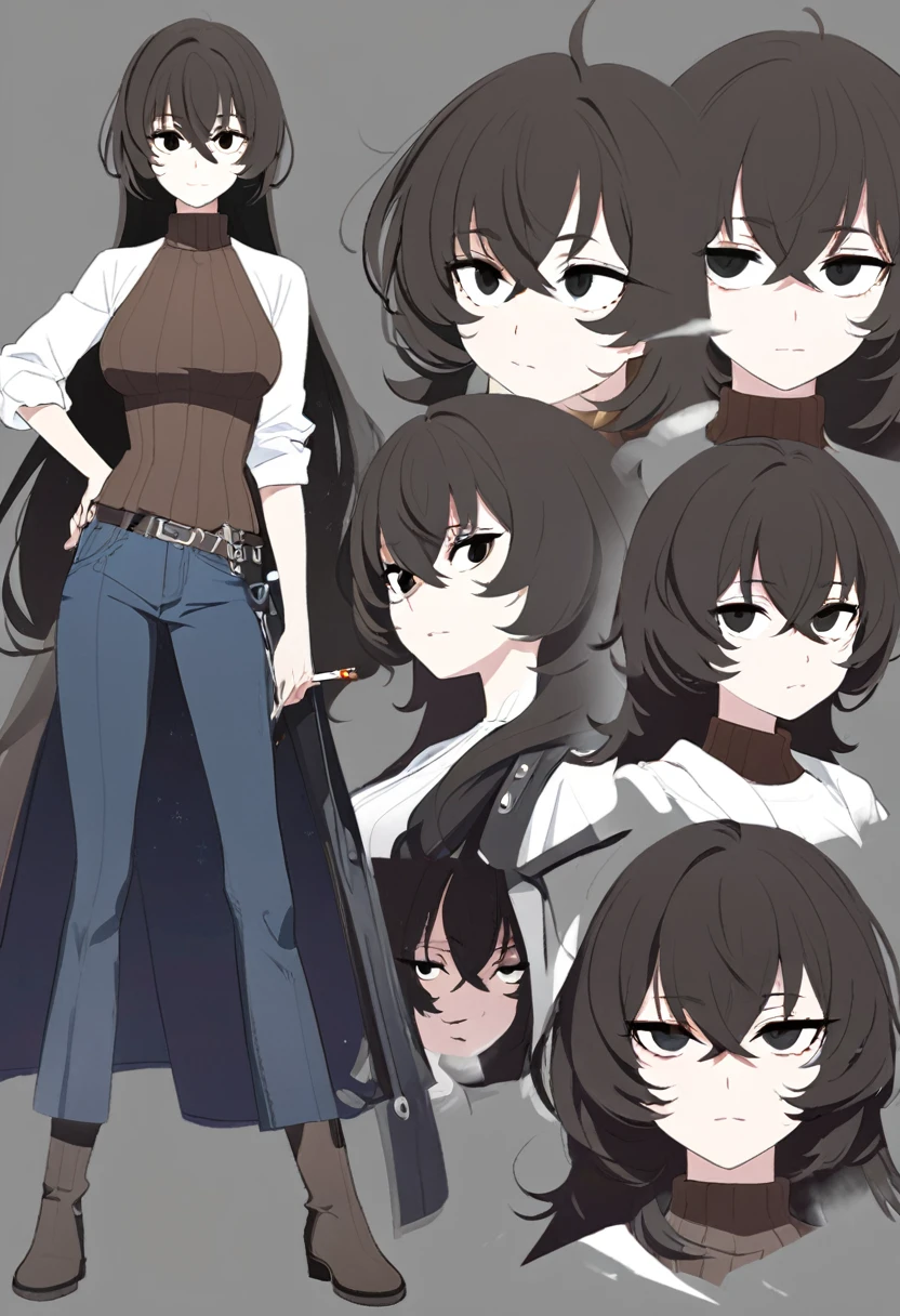 One Woman,Downer,older sister,Concept Art,Dark brown hair,Straight hair with slight inward curls,Staring eyes,Eye Ridge,black eye,Crossed bangs,whole body,smile,Slightly larger breasts,Gray background,Bangs that reach down to the eyes,Messy hair,Tight dark jeans,Brown turtleneck sweater,Multiple views of the same character,Character Design,Dark circles under the eyes,Bad look,Listless,Sloppy,accessories,Cafe staff,Holding a cigarette,whole bodyCharacter Design,Detailed hands,Height: 170cm,boots,