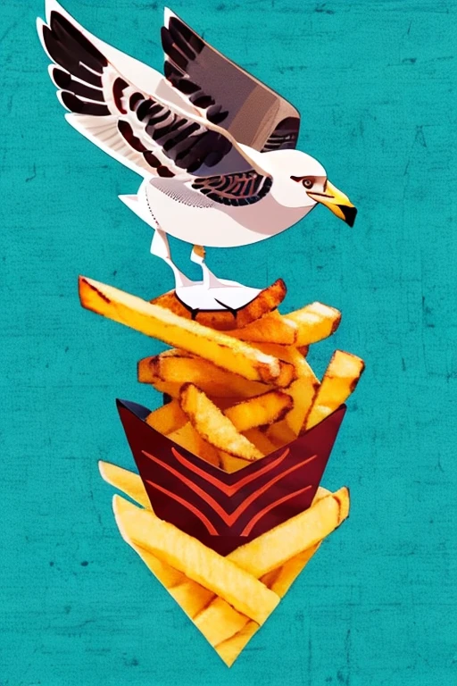 ((emblem)), logo, (symbol mark), Sketch, art, (((Seagull))), ((french fries)), colorful, contrast, detail, Movement, free, nature, food, appetite